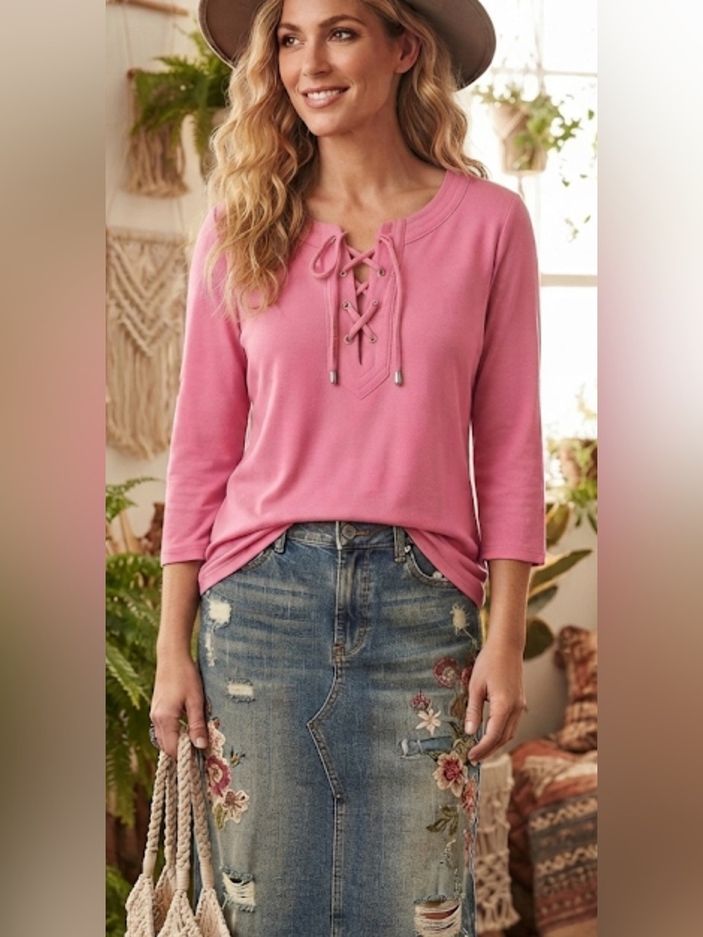 JM Collection NWT Pink Lace-Up Knit Top 3/4 Sleeve Stretch Blouse Size Medium